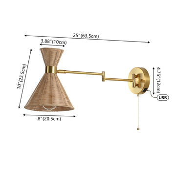 Lily 25" 1-Light Mid-Century Vintage Retro Rattan/Metal USB Charging Swing Arm LED Sconce with Pull Chain - JONATHAN Y